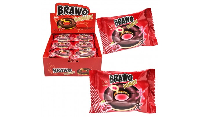 Кекс BRAWO DONAT ВИШНЯ з начинкою в какао-молочній глазурі 40г, 24шт